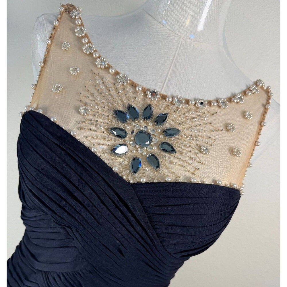 Adrianna Papell Beaded Cocktail Dress Womens 4 Navy Sheath Formal